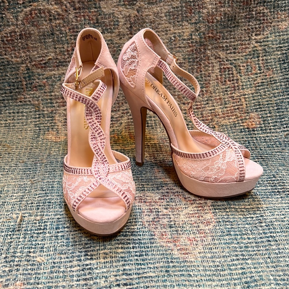 Pink Size 5 Rhinestone/Lace Heels